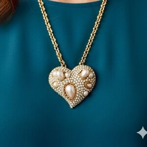 VTG ~ Stunning ~ Scaasi Pearl & Stone Heart Necklace & Brooch